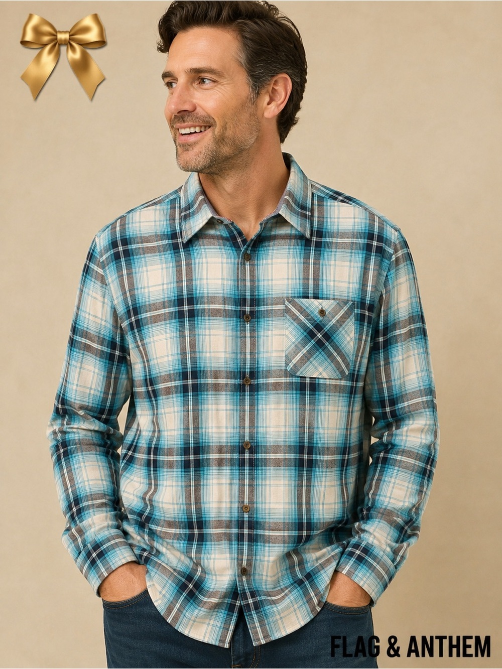 Flag & Anthem Men’s XL Blue Gray Plaid Cotton Long Sleeve Button-Up Shirt